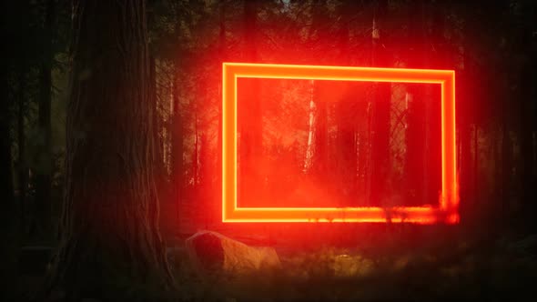 Neon Glowing Rectangle Frame in the Night Forest