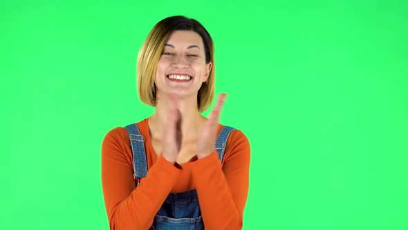 Girl Claps Her Hands with Wow Happy Joy and Delight. Green Screen
