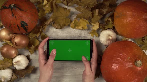 Lady Play Game on a Greenscreen Phone in Horizontal Orientation in Fall Decorative Composition