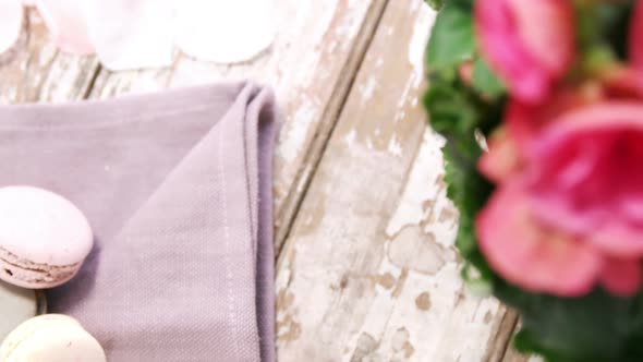 Macaroons and pot plant with pink flowers