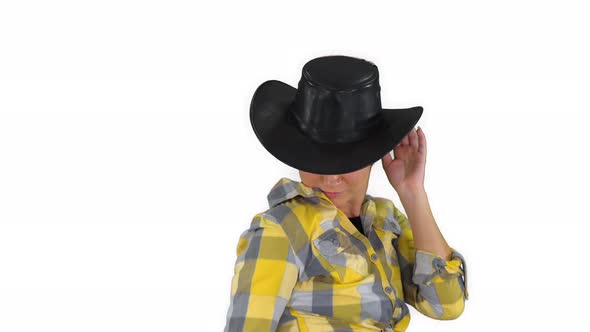 Young Cowgirl Dancing on White Background.