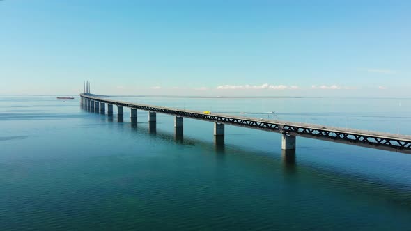 View of Øresundsbron from Sweden to Danmark, drone flying along the bridge