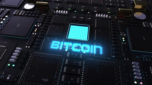 bitcoin header on the background of microprocessors on a circuit board . 