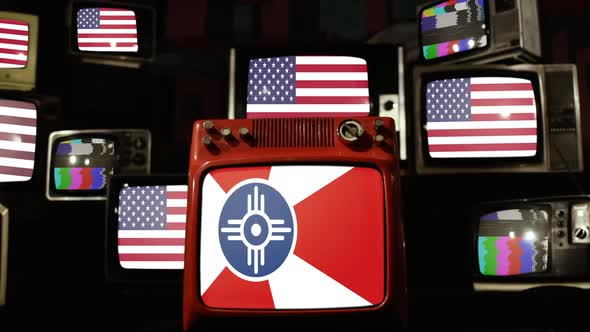 Flag of Wichita, Kansas, and US Flags on Retro TVs.