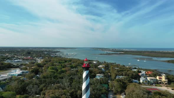 Aerial View Of Black And White Striped Lighthouse With Museum. St. Augustine Lighthouse And Maritime