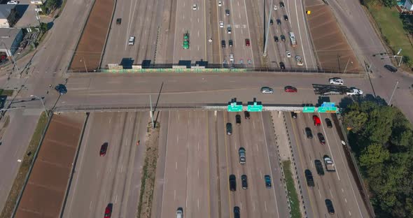 Birds eye view of traffic on 59 South and North freeway near downtown Houston. This video was filmed