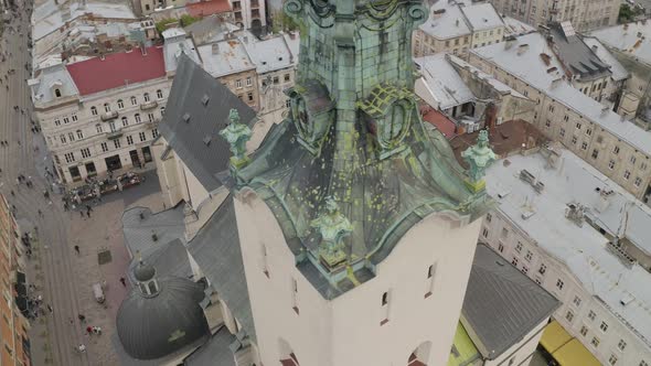 Aerial Drone Video Panorama of Latin Cathedral in City Lviv Ukraine Flight Above Roofs Streets