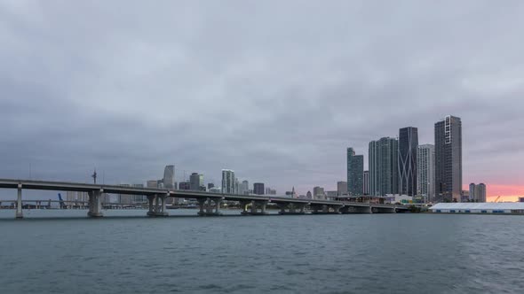 Miami Downtown Urban Skyline, MacArthur Causeway and Bay at Sunset