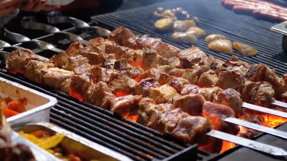 Shish Kebab Cooked on the Grill on the Street Market