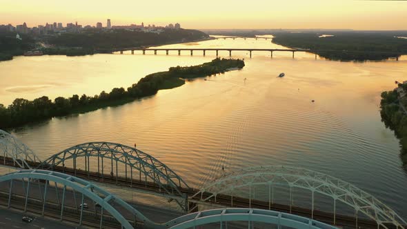 Big City River Landscape with Sunset Sky