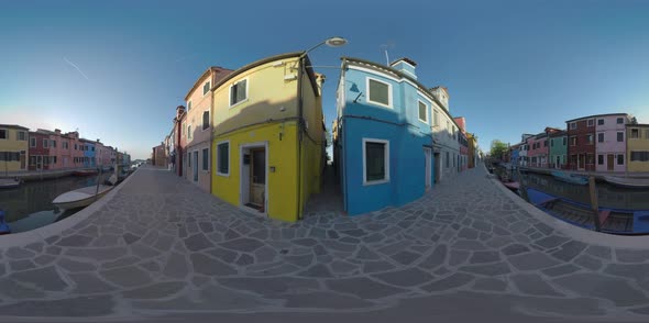 360 VR Quiet Burano Street Along the Canal. View with Traditional Painted Houses