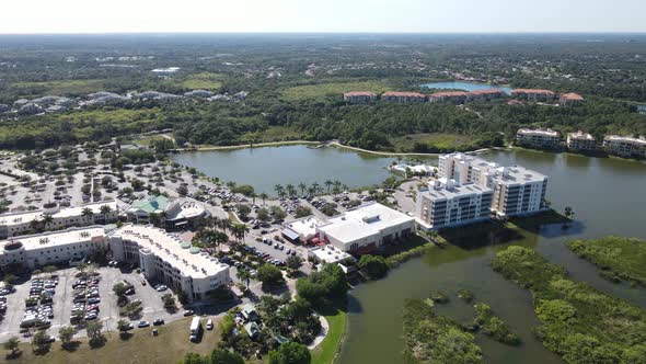 distant aerial of Lakewood Ranch Mainstreet Aerial, busy parking lot, Bradenton, Florida