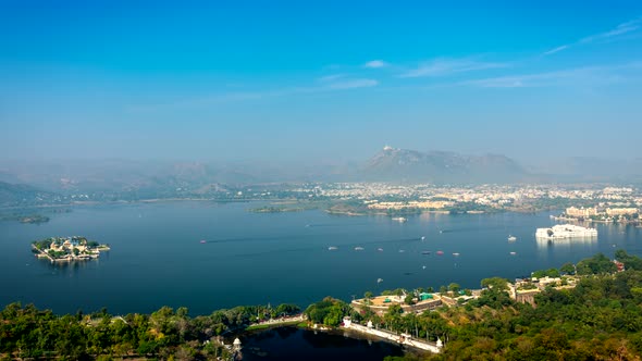 Aerial View of Lake Pichola with Lake Palace (Jag Niwas) and Jag Mandir Lake Garden Palace