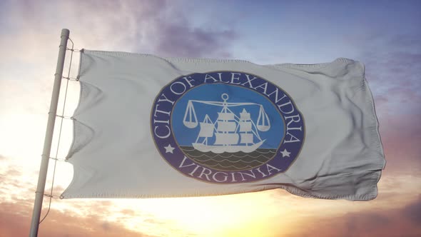 Alexandria Flag Virginia Waving in the Wind Sky and Sun Background