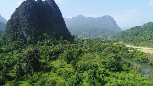 Nature landscape near town of Vang Vieng in Laos seen from the sky