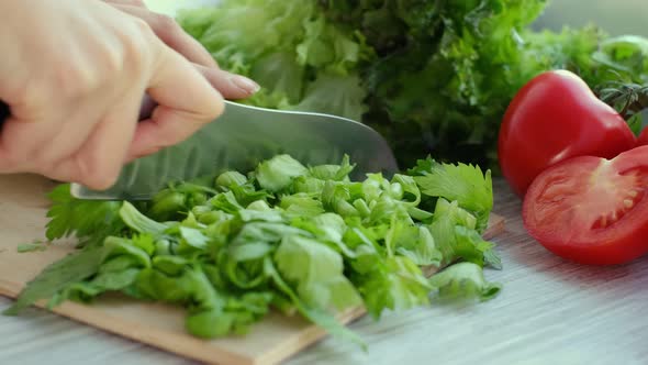 Woman Hands Using a Knife to Slice a Bunch of Fresh Celery