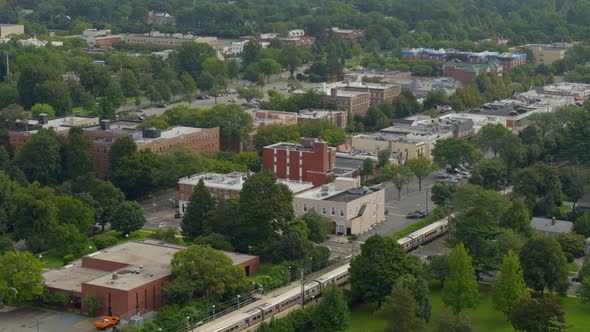 Aerial View of Train Passing Through Garden City Long Island