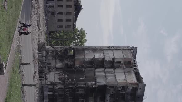 Vertical Video of a Multistorey Building Destroyed During the War in Ukraine