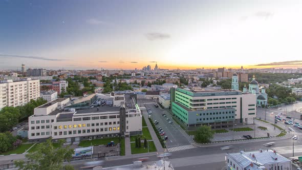 Aerial Panorama of Moscow Day To Night Timelapse From Rooftop