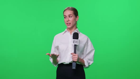 Female Reporter Looks Into the Camera and Speaks Into a Microphone on a Green Background Template