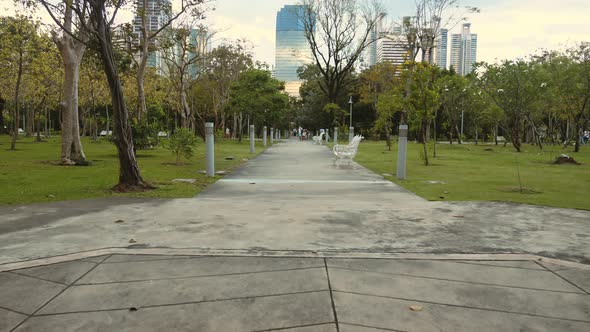 Relax in Green City Park with Modern Skyscrapers Buildings on Background