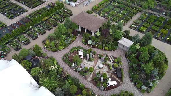 aerial view of garden shop. working people. potted plants