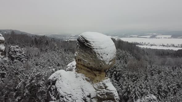 Aerial drone of Bohemian paradise in winter. Forest environment in the Czech Republic.