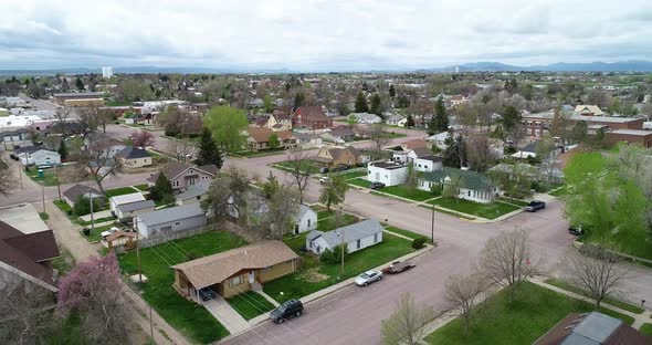 Wheatland Wyoming aerial drop shot.  2021 in the town of Wheatland Wyoming