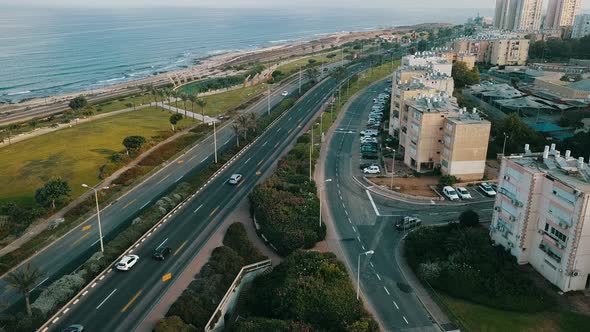 Aerial View of City Traffic on the Coast in Haifa Israel