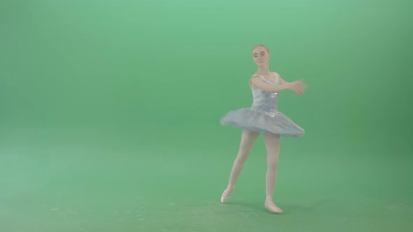Happy Ballerina Ballet Dancing Girl In Blue Dress Chilling In Spin On Green Screen