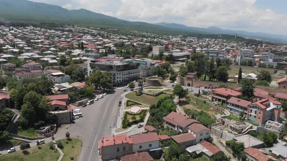 Aerial view of Monument of King Erekle II in Telavi. flying over Batonis Tsikhe