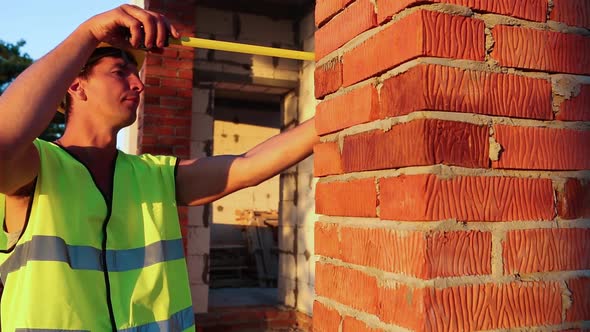 Project architect stands near construction site of a house with the walls