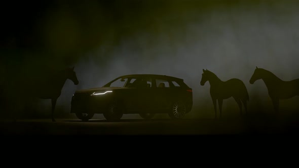 Horse Herd and Luxury SUV Against Foggy Background