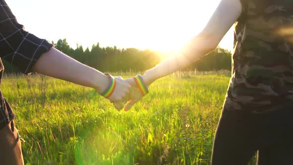 Two Girls Walking Hand in Hand on the Field at Sunset Sun LGBT Symbol