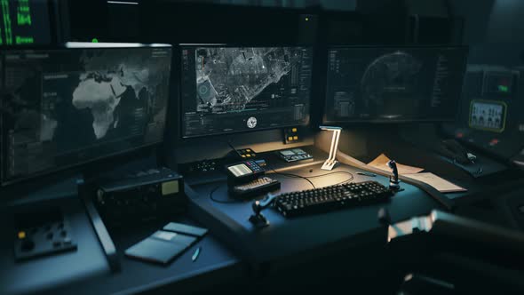 High Tech Surveillance Analysis System In Military Satellite Control Room alt