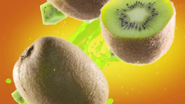 Kiwi with Slices Falling on Orange Background