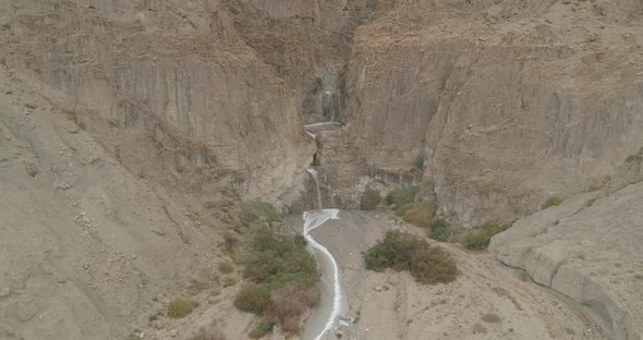 Aerial view of a waterfall in a desert, Israel.