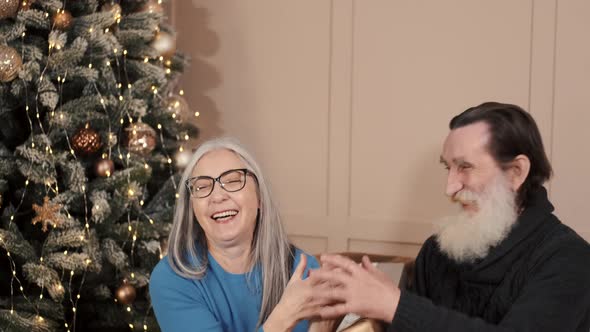 Elderly Spouses Throw Gifts in the Air Sitting in Xmas Decorated Room