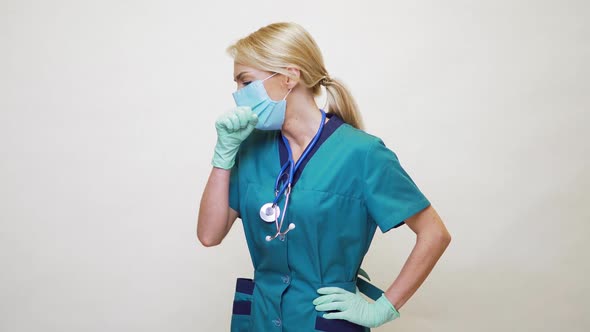 Medical Doctor Nurse Woman Wearing Protective Mask and Rubber or Latex Gloves - Cough