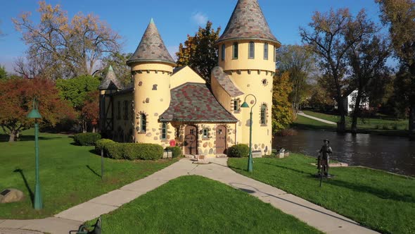 Curwood Castle in Owosso, Michigan with drone shoting up,