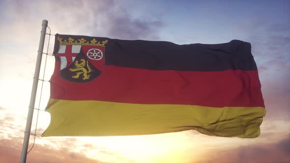 RhinelandPalatinate Flag Germany Waving in the Wind Sky and Sun Background