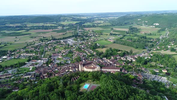 Village of Saint-Cyprien in Perigord in France seen from the sky