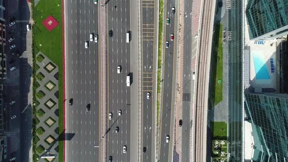 Aerial view of colourful and busy road in Dubai ,UAE.