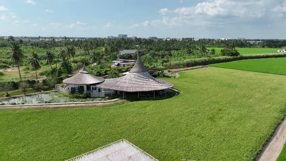 Aerial View of Thai Restaurant in Rice Fields in Nakhon Pathom Thailand