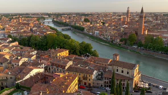 Panning Shot of Verona, Italy in Sunset Lights