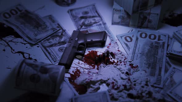 Gun, Bloody Dollars, Some Drugs Lying On The Table