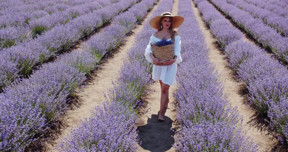 the Girl Carries a Basket with a Bouquet of Flowers in the Field