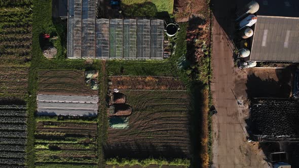 Top down view of a biological dynamic farm in The Netherlands with a diversity of buildings, barns,