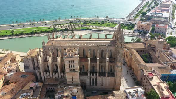 Aerial Drone Video Footage Famous Cathedral La Seu in Palma De Mallorca Spain