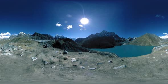 VR Timelapse Gokyo Ri Mountain Lake at the Winter Season. Wild Himalayas High Altitude Nature and